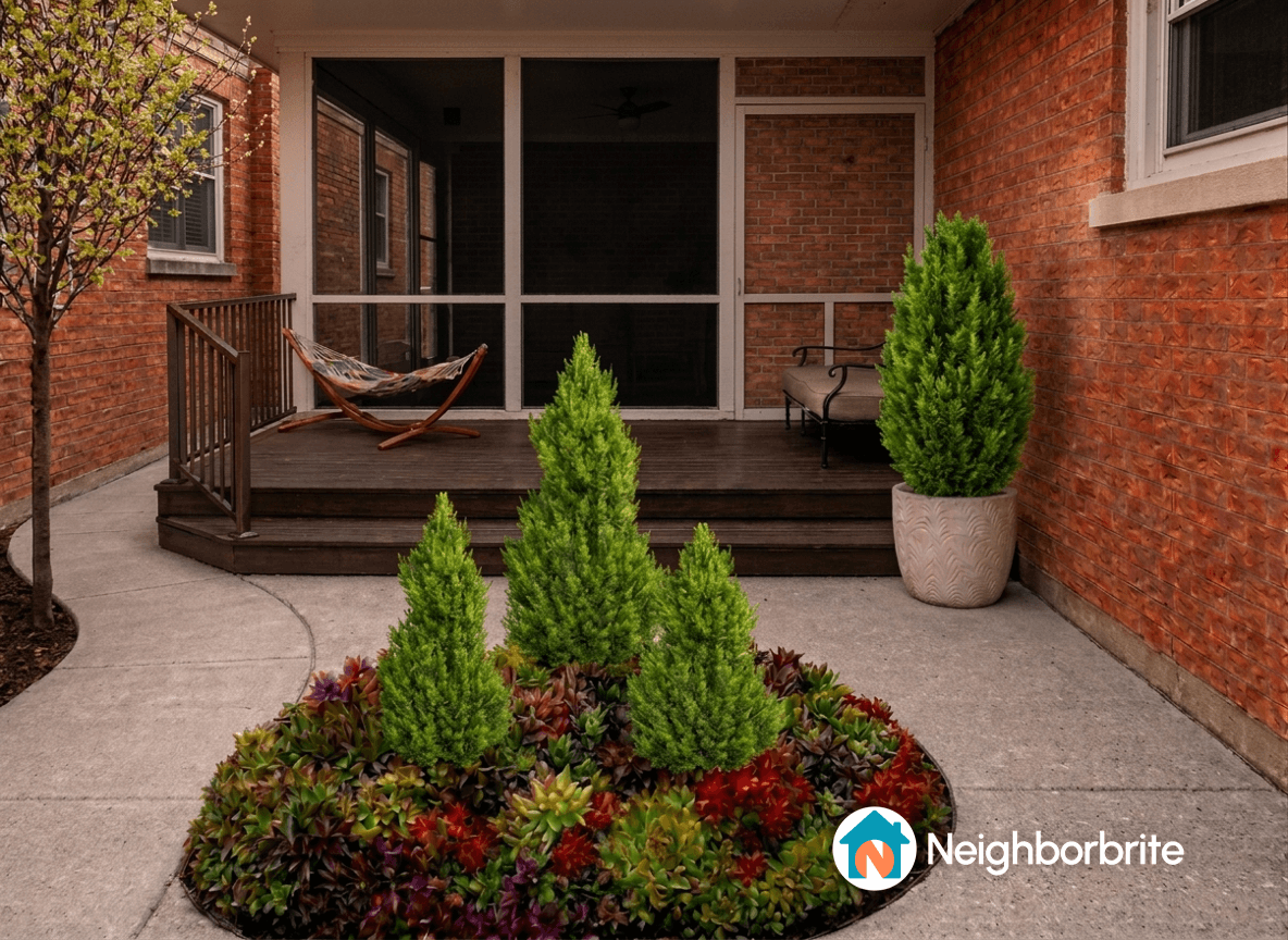 A backyard with a path leading to a patio and gazebo, featuring potted plants.