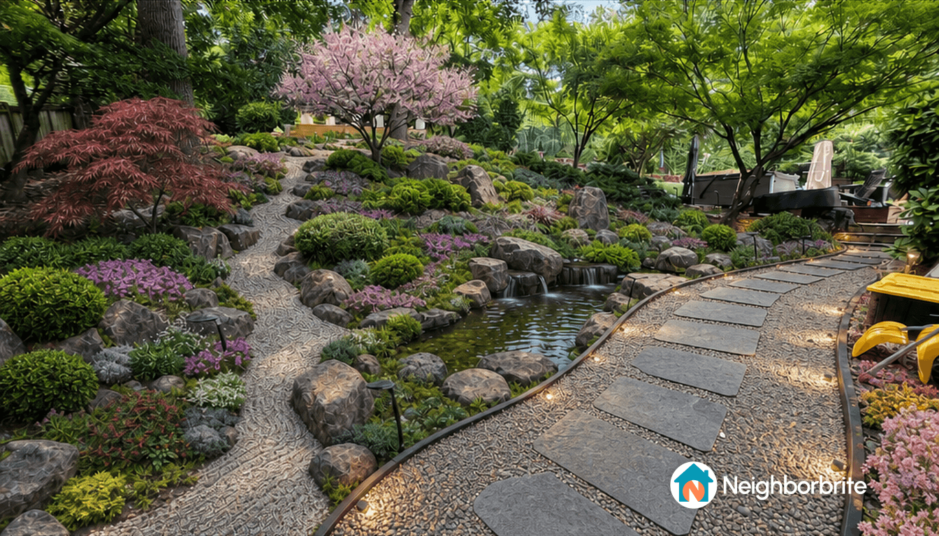 Beautiful landscaped garden with a winding path and water feature.