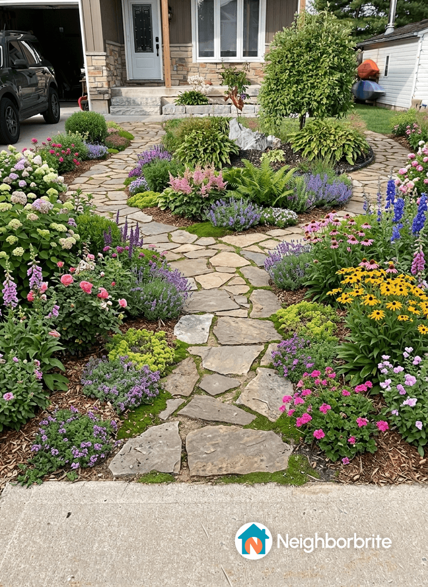 A vibrant garden with various flowers and a stone pathway in Zone 6a.