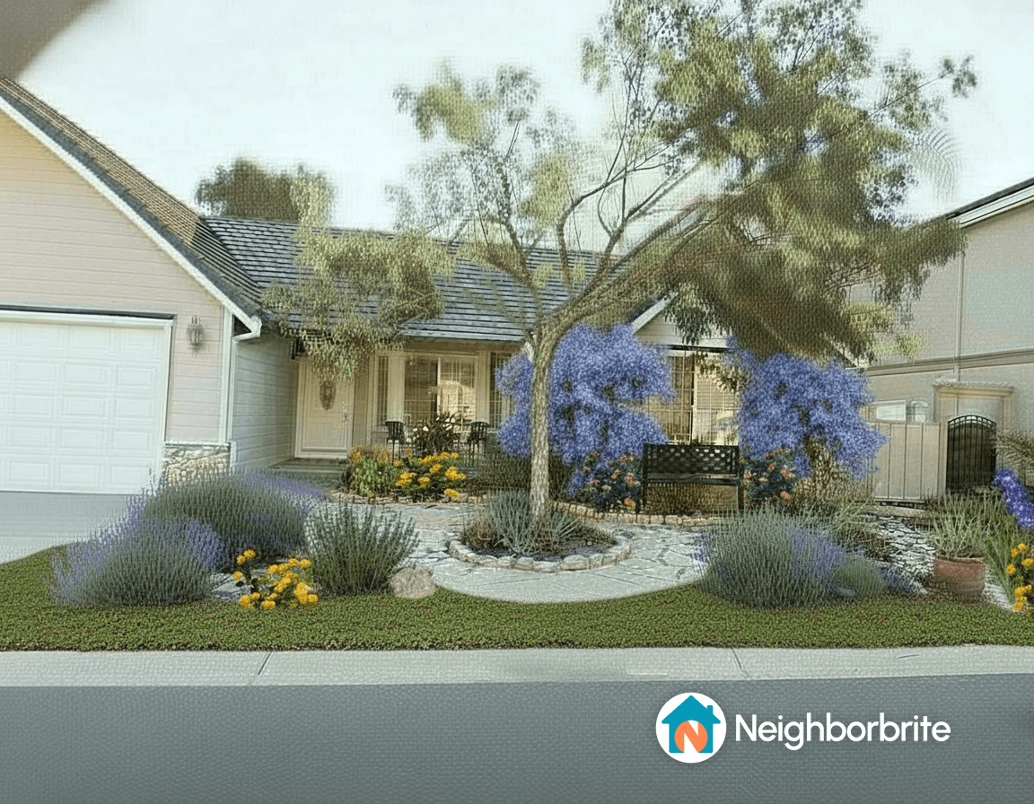 Beautiful landscaped yard with flowers, shrubs, and a bench.