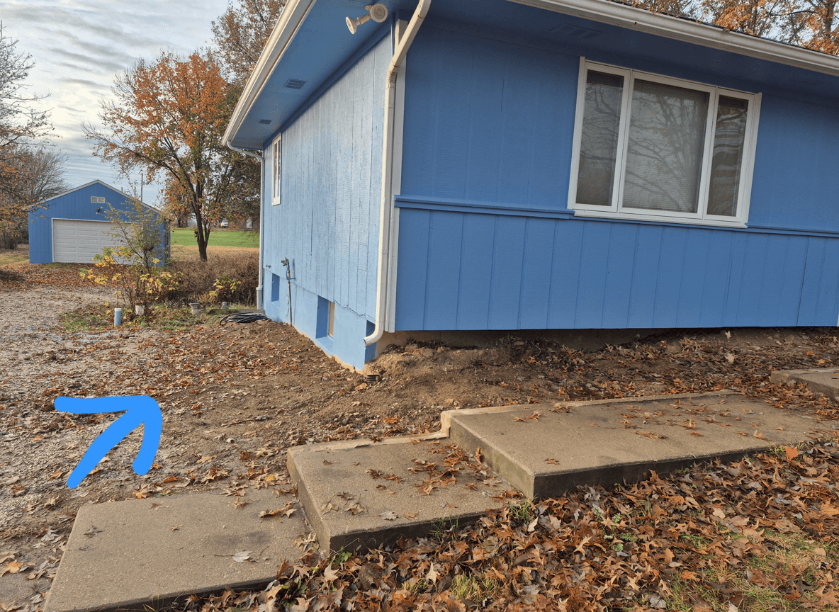 Side view of a blue house with bare ground and leaves, seeking landscaping advice.