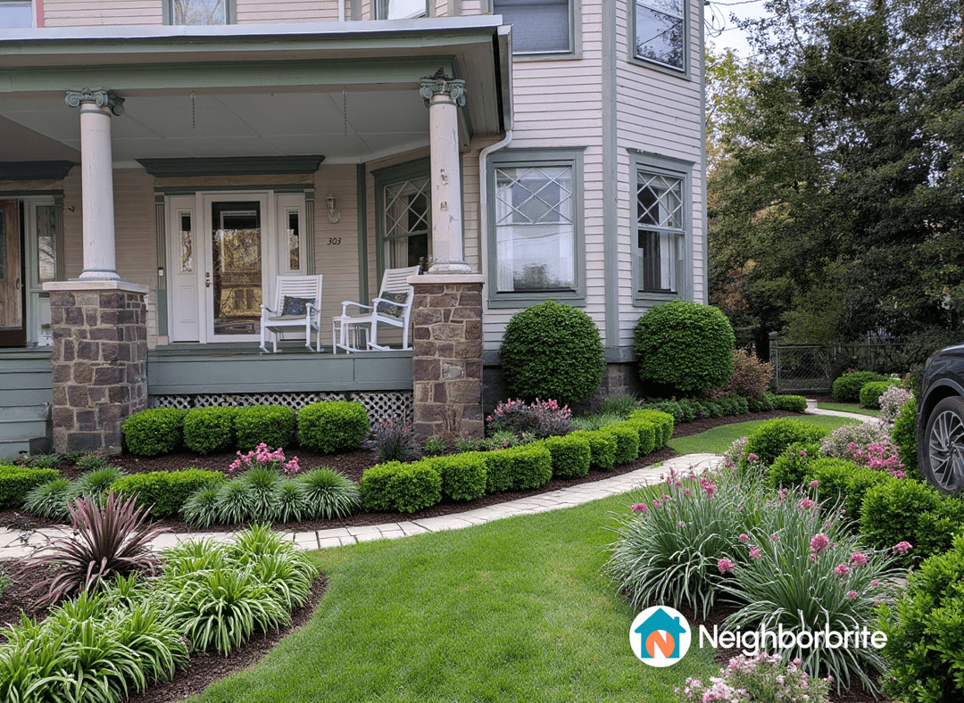 Beautifully landscaped front yard with plants and seating area.