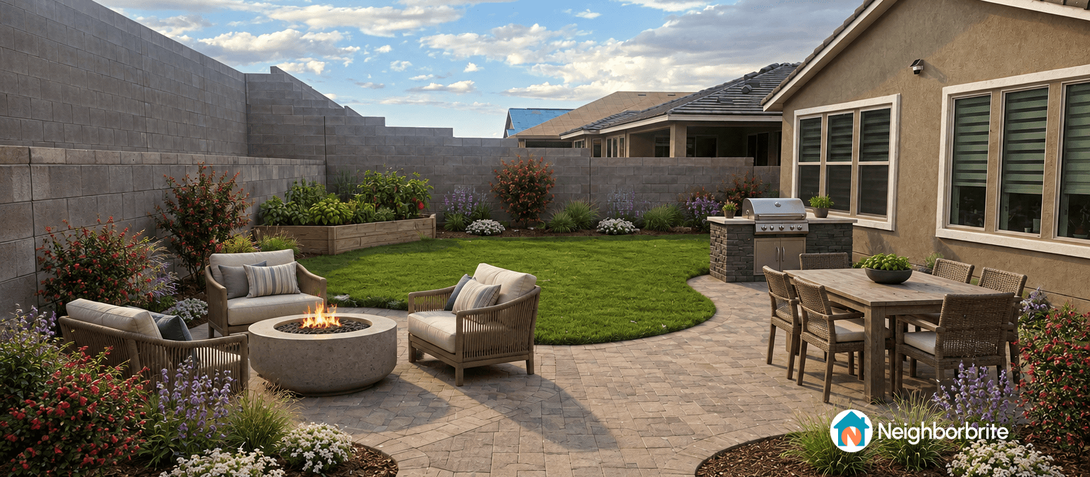 A cozy backyard with seating, fire pit, and greenery.