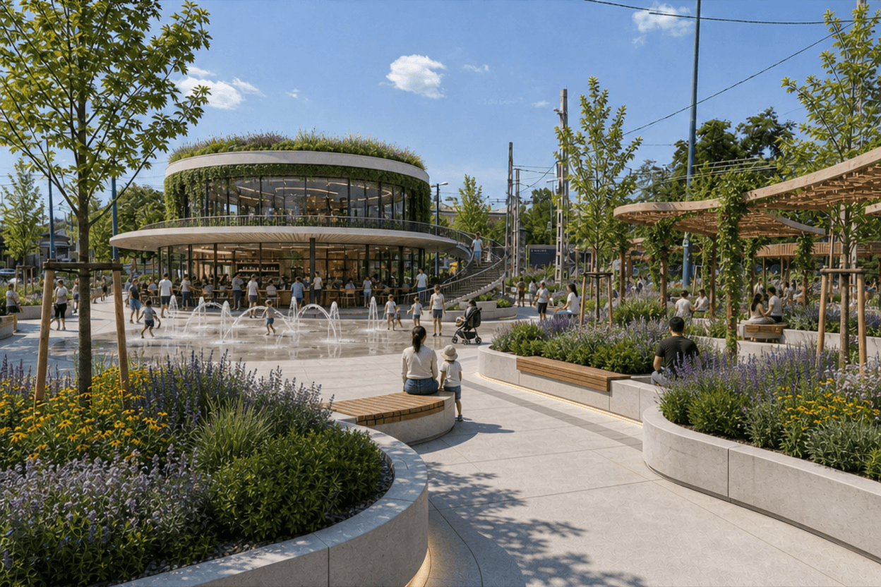 A lively community area with a fountain, greenery, and people enjoying the space.