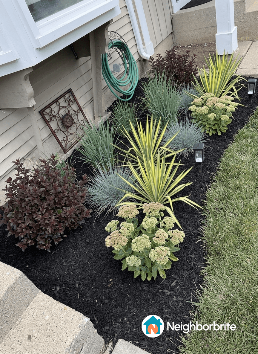 A landscaped area with various plants including green and yellow foliage, and dark mulch.