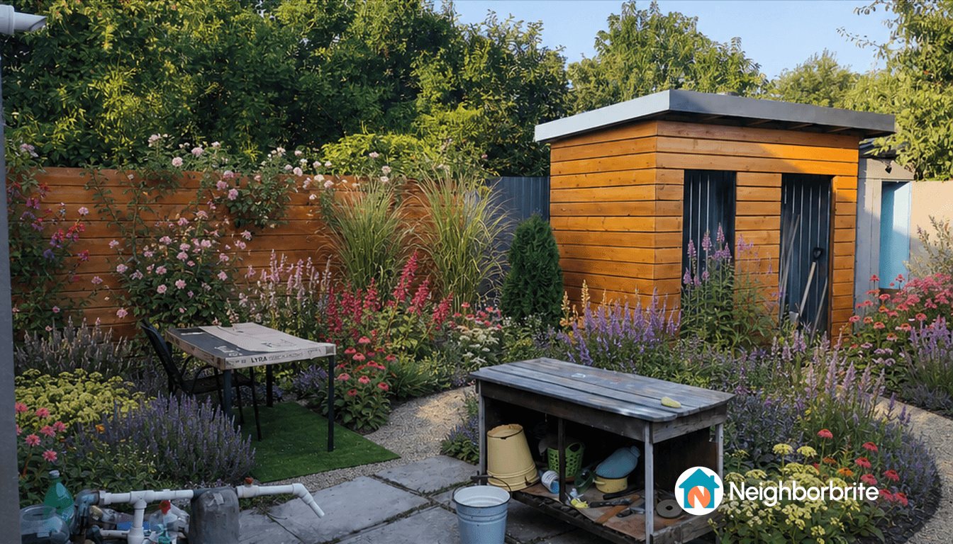 A vibrant garden with flowers, a wooden shed, and a table.
