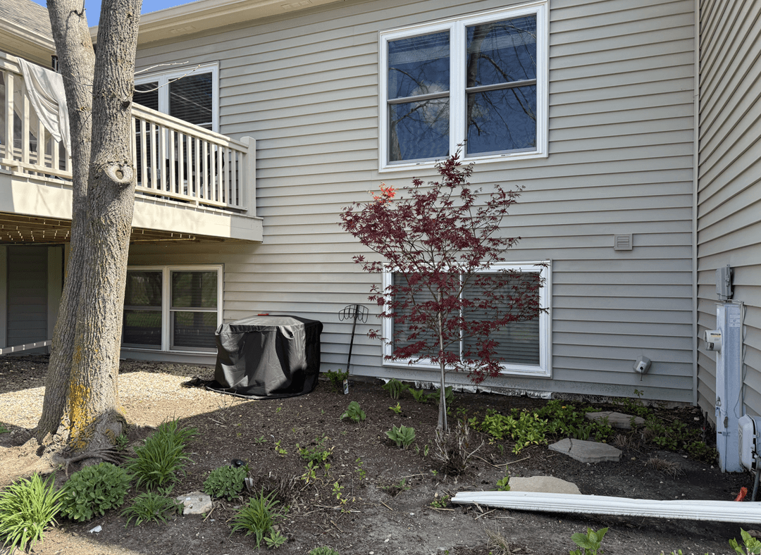 Corner of a townhome with a small tree and garden area, seeking design suggestions.