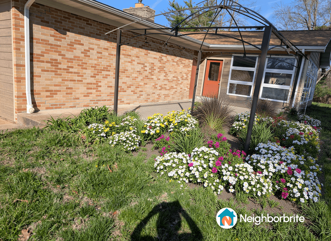 Colorful flower bed with deer resistant plants in a yard.