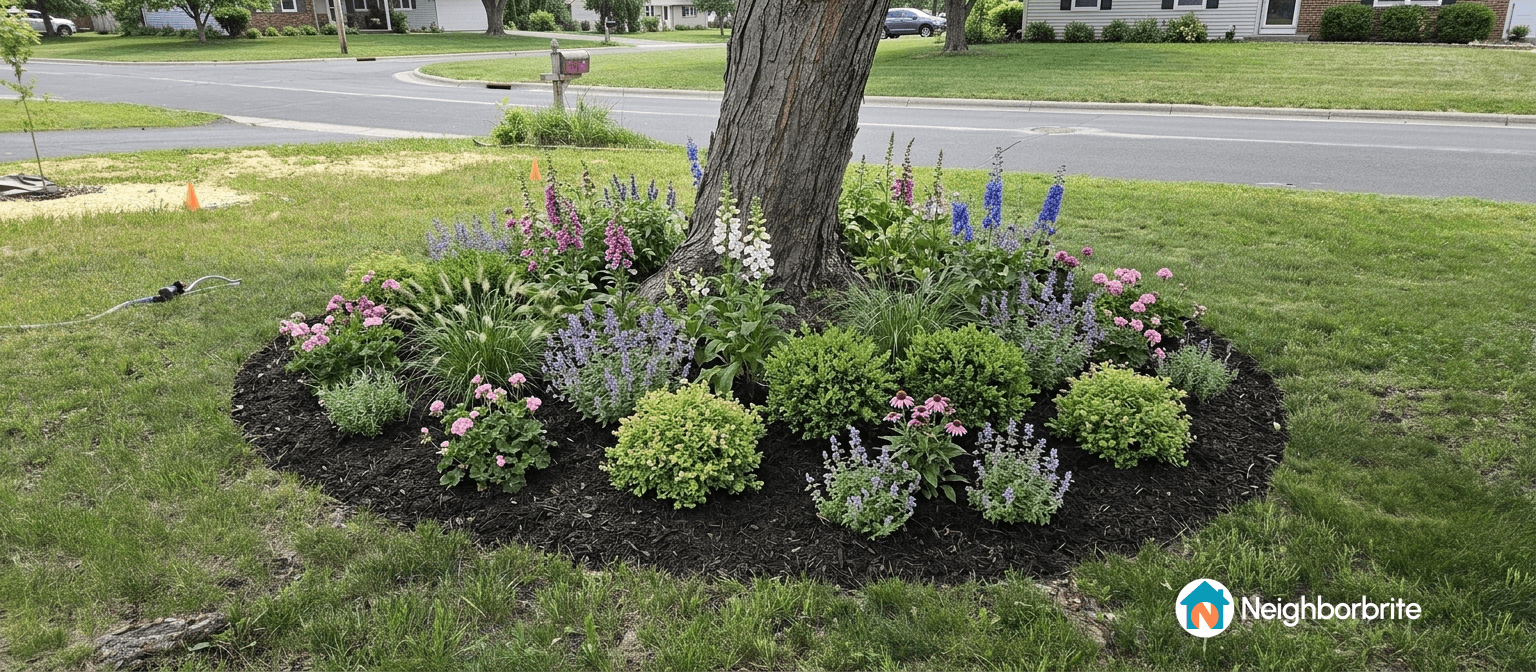 Colorful flower bed around a tree, ideal for shade-loving plants.
