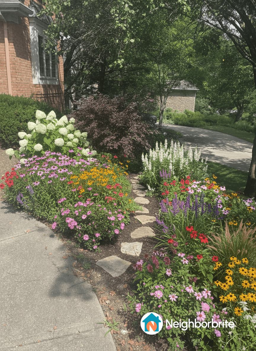 Colorful flower garden with a stone pathway beside a house.