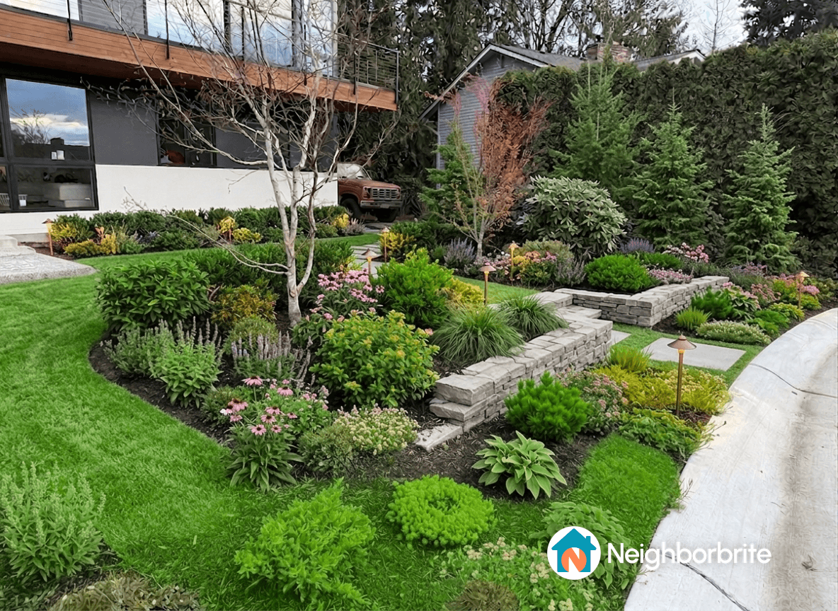 A landscaped yard with various plants and flowers, seeking suggestions for hydrangeas and azaleas.