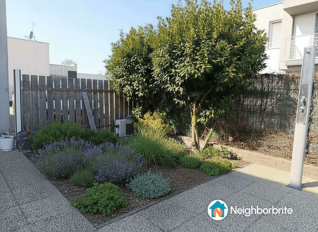 A landscaped garden featuring various plants and trees.