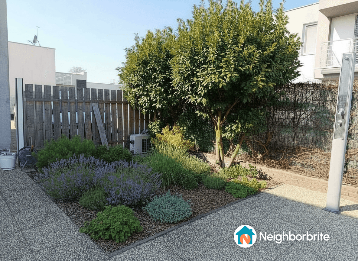 A landscaped garden featuring various plants and trees.