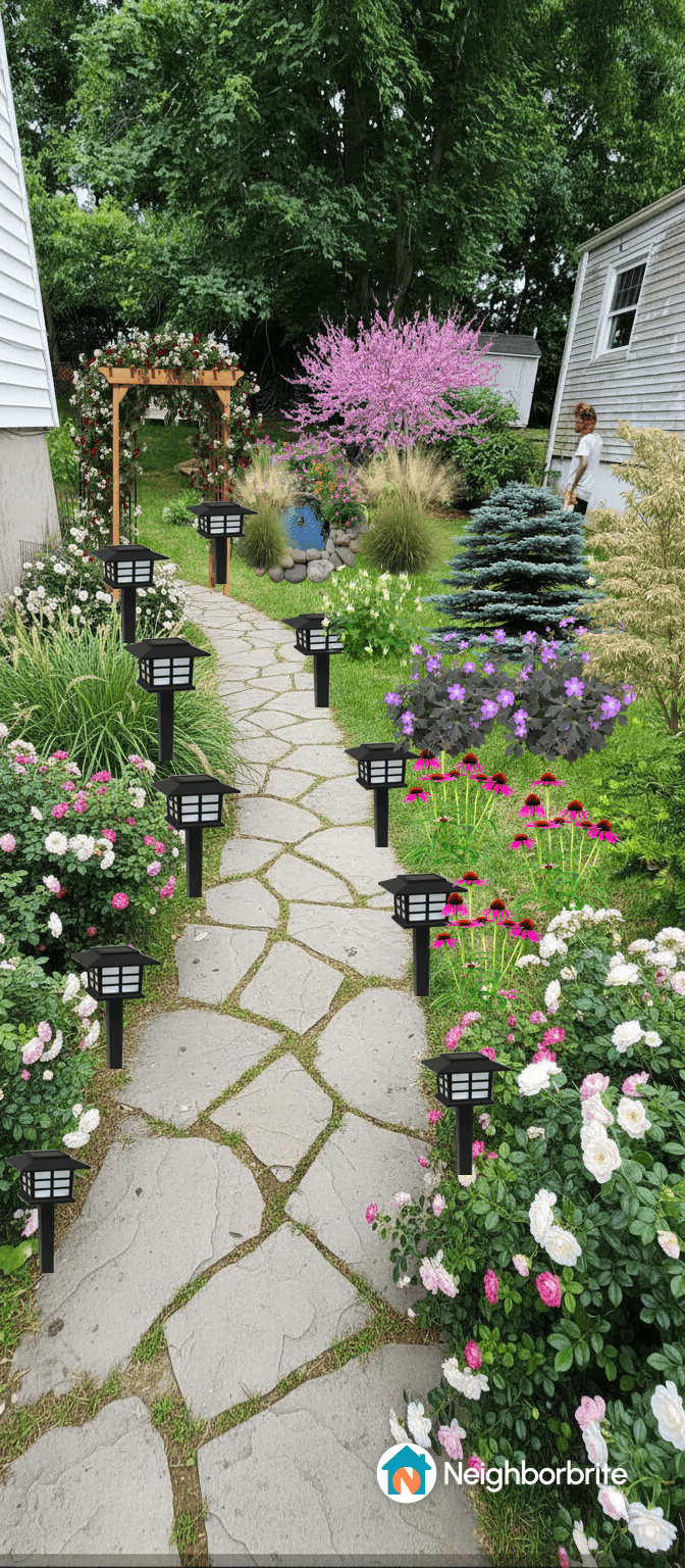 A stone pathway lined with flowers and decorative lights.