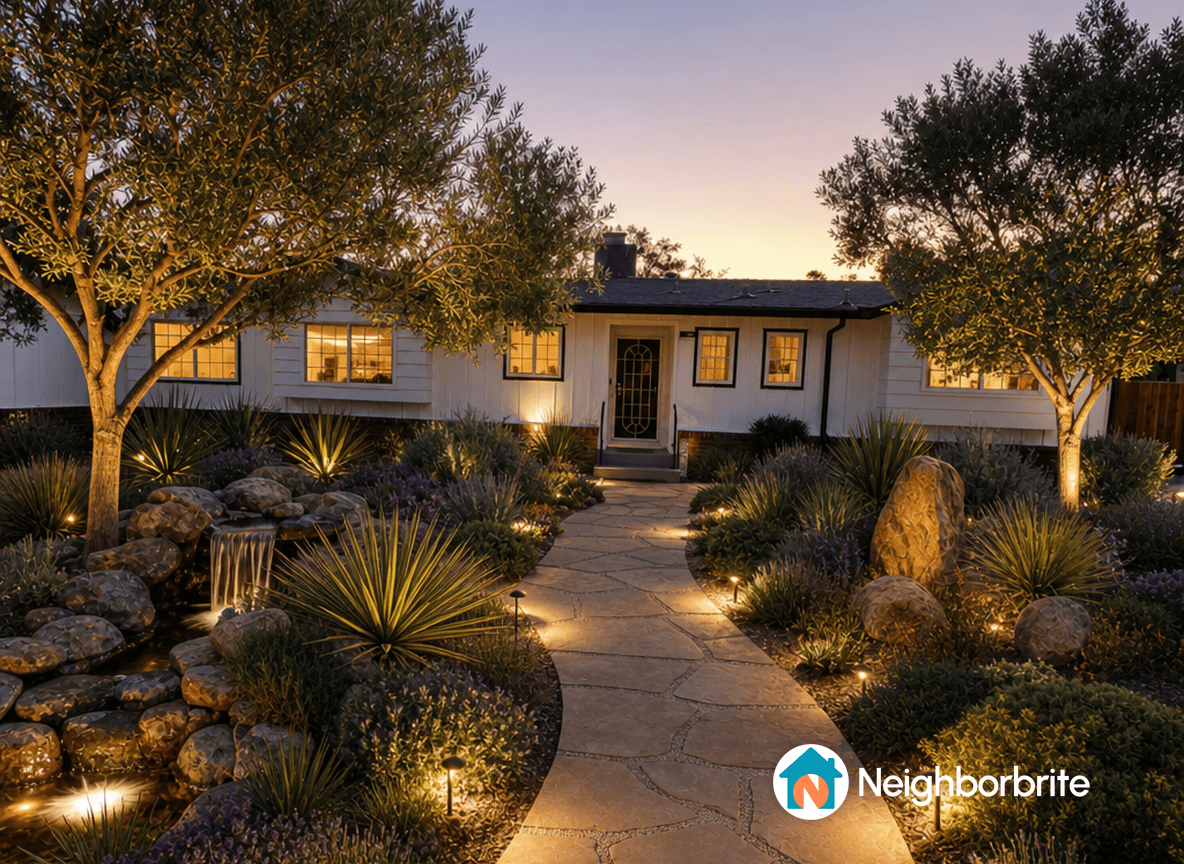 Beautifully landscaped yard with pathway and lighting