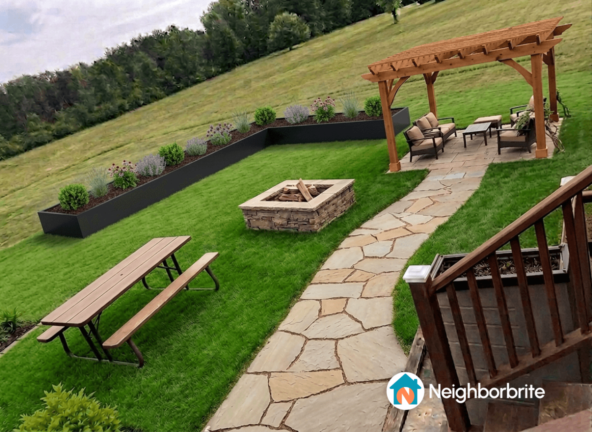 Backyard with picnic table, fire pit, and seating area.