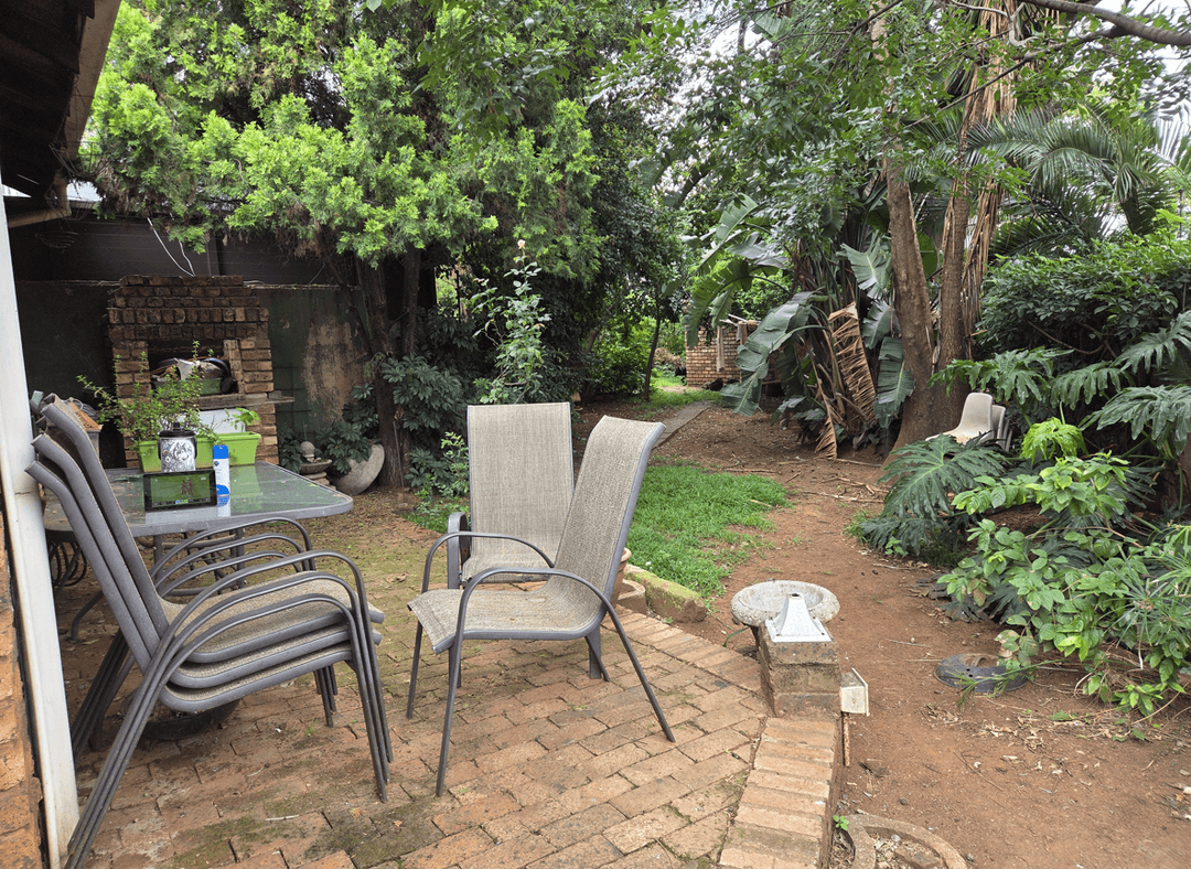 Overgrown garden space with seating area and greenery.
