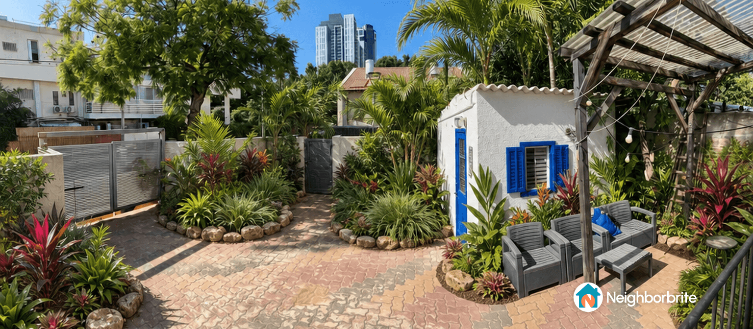 A courtyard with plants and seating, suggesting plant adjustments.