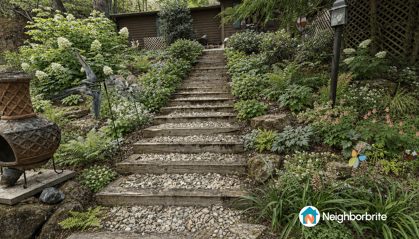 Wooden steps leading through a lush garden with decorative elements.