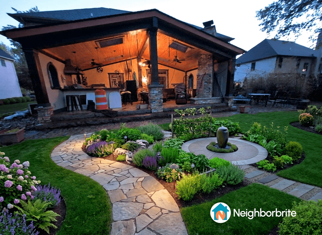 A beautifully landscaped yard with a stone path and garden features.