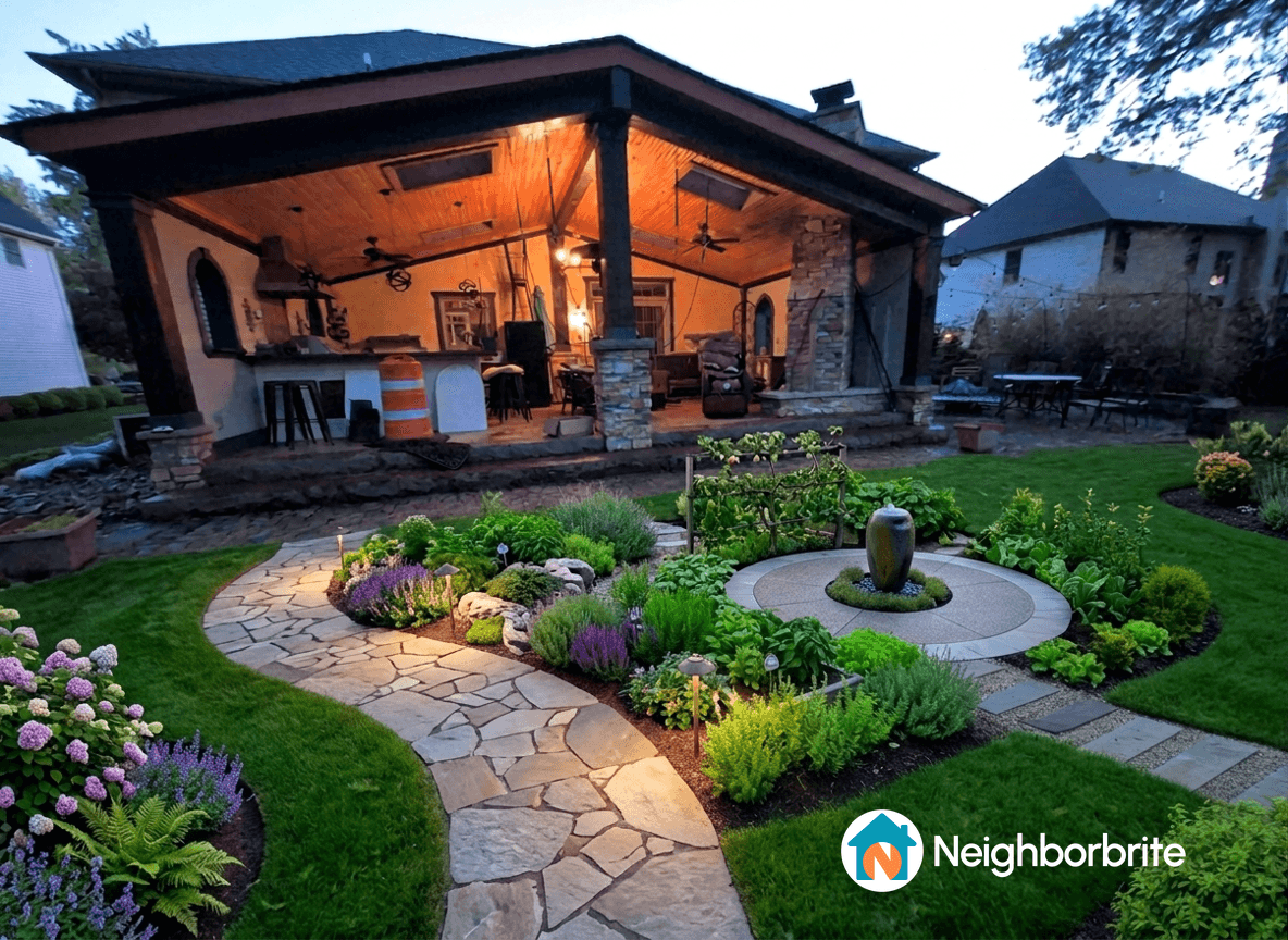 A beautifully landscaped yard with a stone path and garden features.