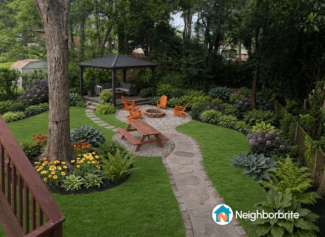 A stunning backyard with a gazebo, seating area, and vibrant flowers.