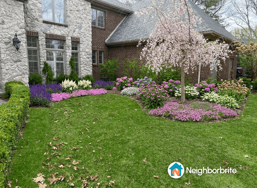 A vibrant English shade garden featuring pink, purple, and white flowers and shrubs.