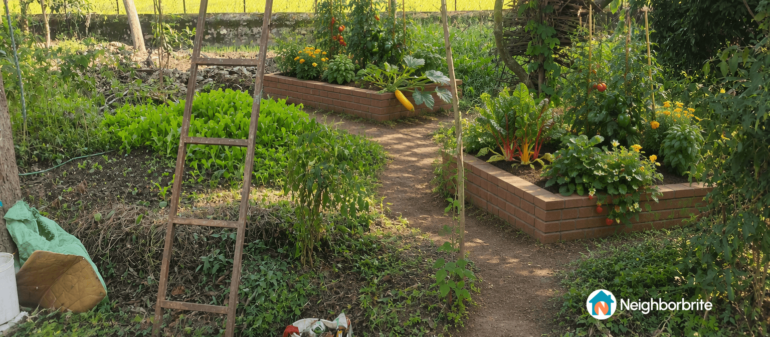 A garden with raised beds and various plants, expressing disappointment.