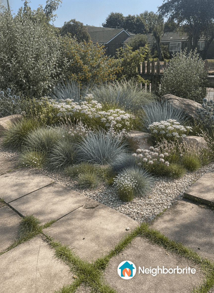 A landscaped area with various plants, stones, and pathways.