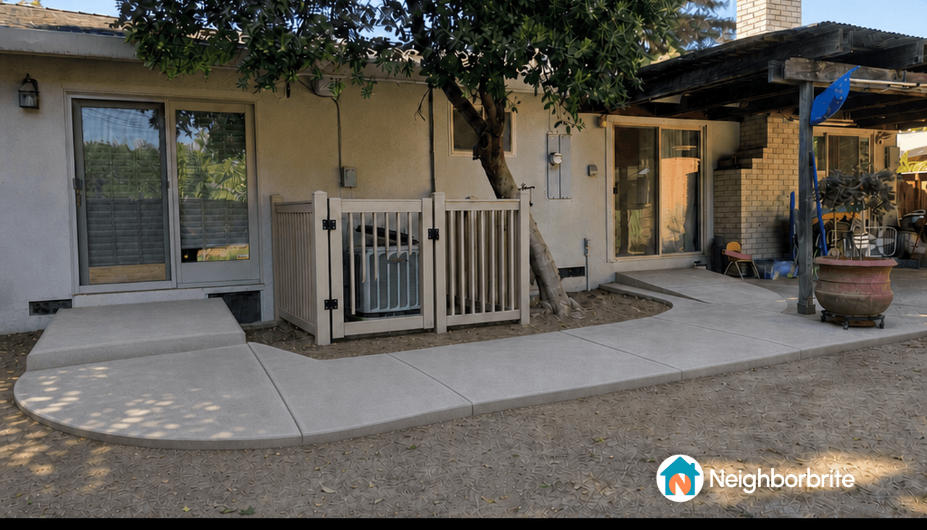 Cement ramp and walkway leading to a patio area.