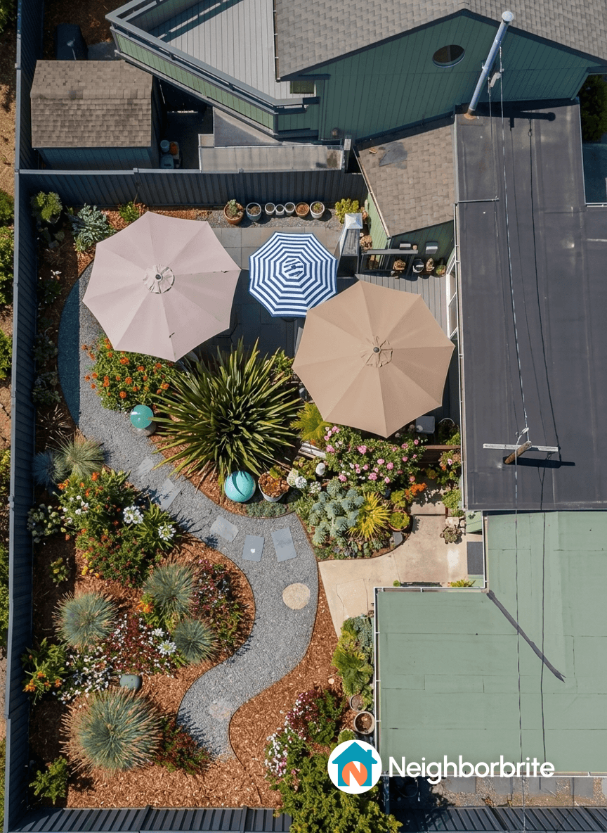 Aerial view of a colorful native plant garden with pathways and umbrellas.