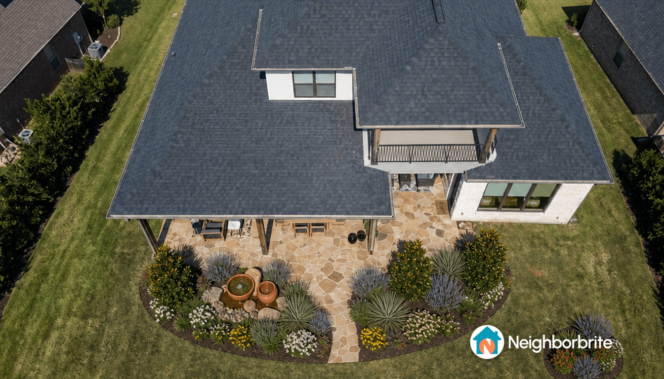 Aerial view of a landscaped yard with patio and plants.