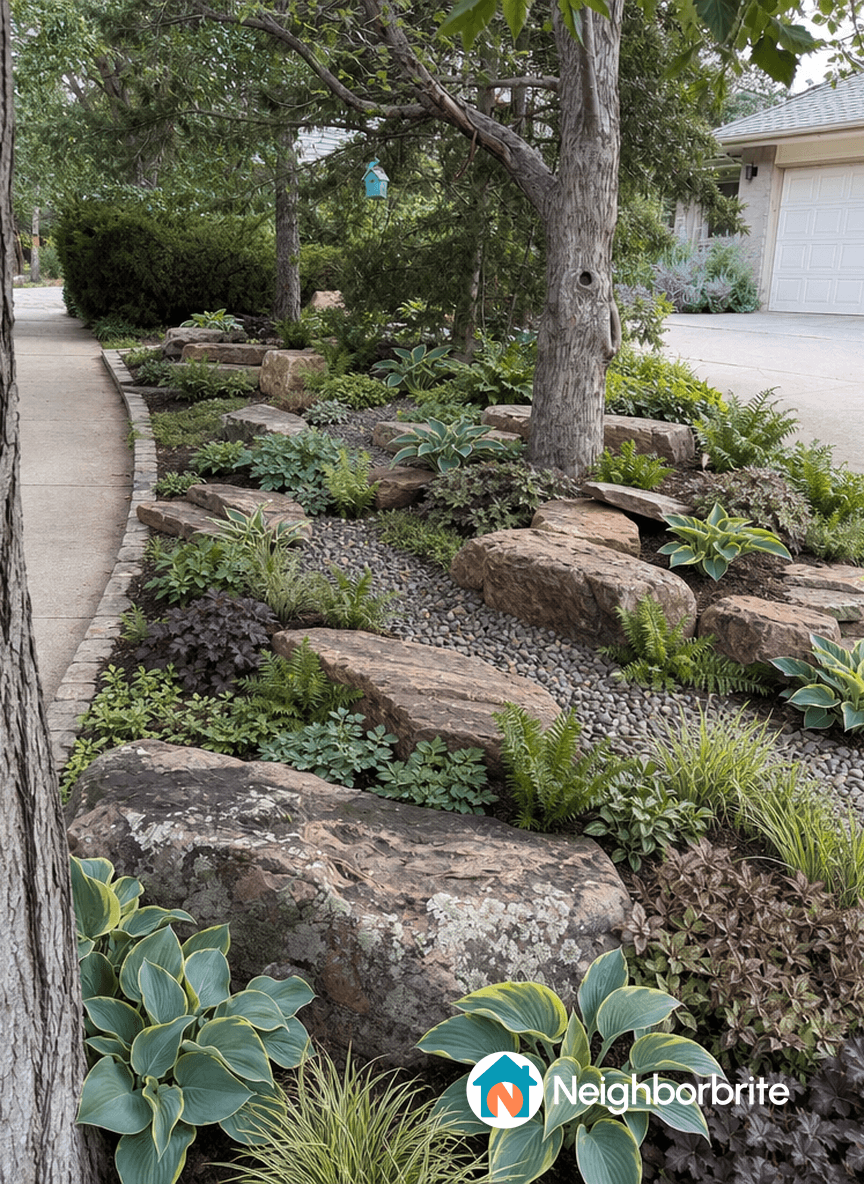 A landscaped yard with rocks and various plants, seeking drought tolerant alternatives.