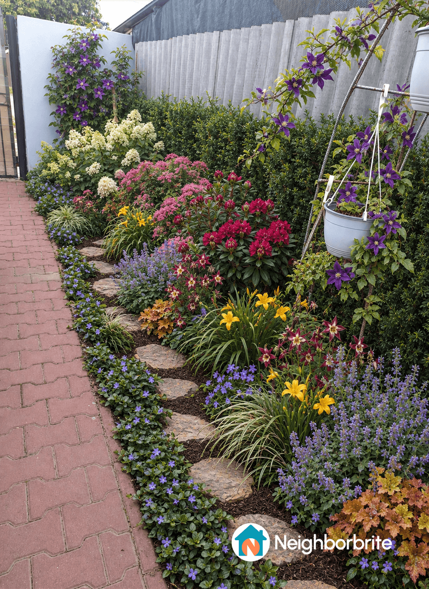 Vibrant flower bed with various colorful blooms and stone path.