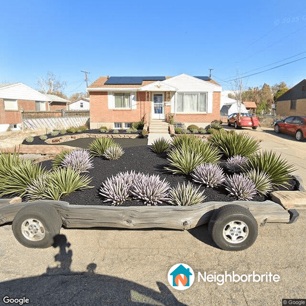 A landscaped yard featuring drought-tolerant plants and black mulch.