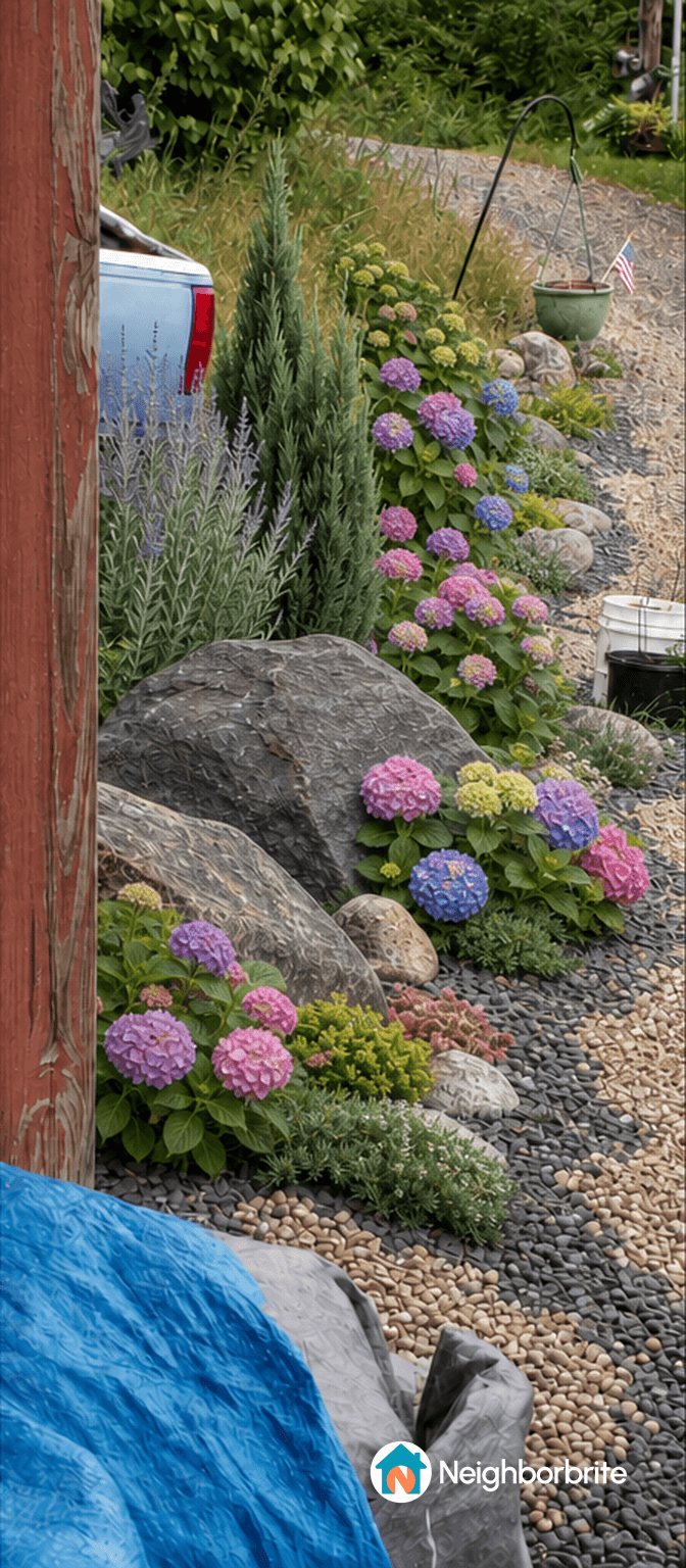 Colorful hydrangeas in a landscaped garden with rocks and gravel.