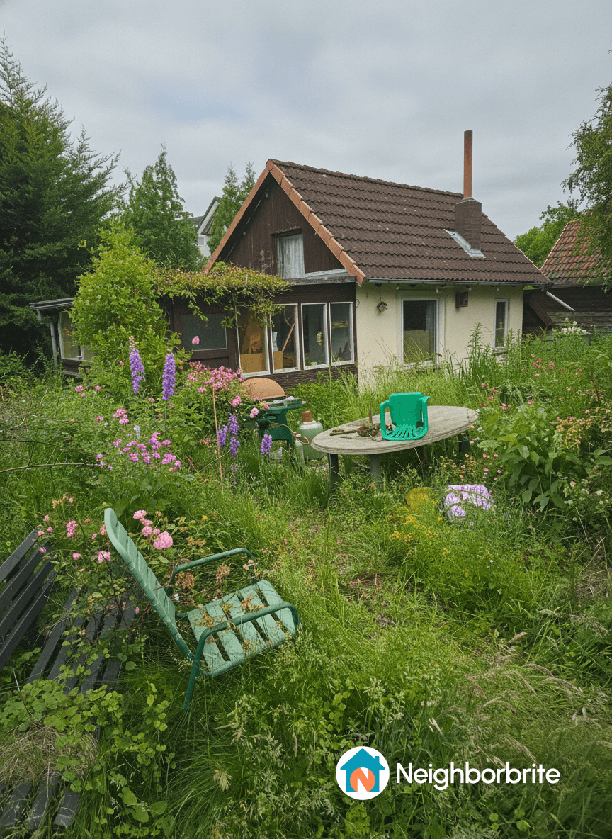 A garden overgrown with flowers and grass, featuring chairs and a table.