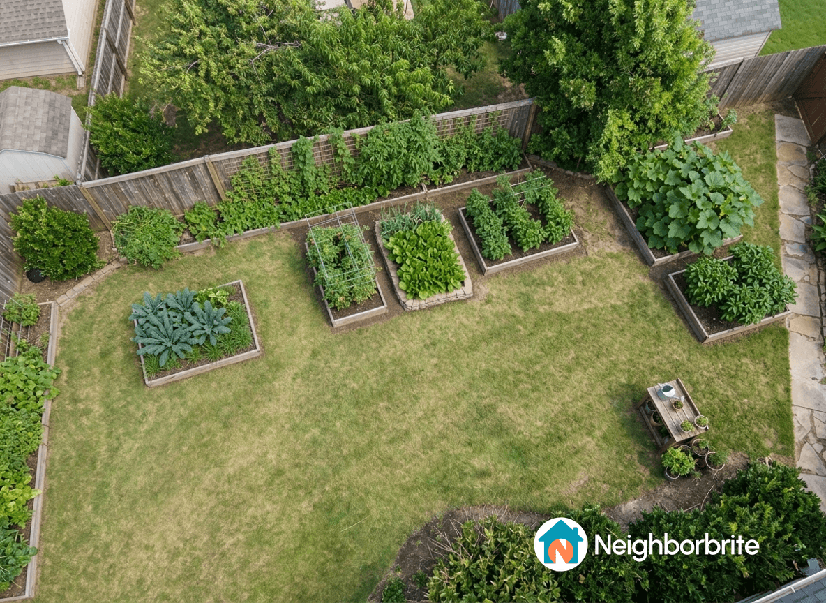 Aerial view of a garden with raised beds and various plants.