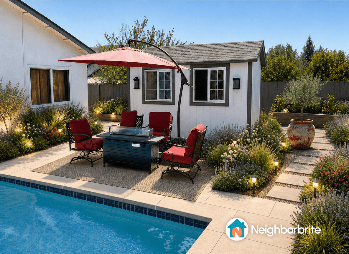 A backyard design featuring a pool, seating area, and lush plants.