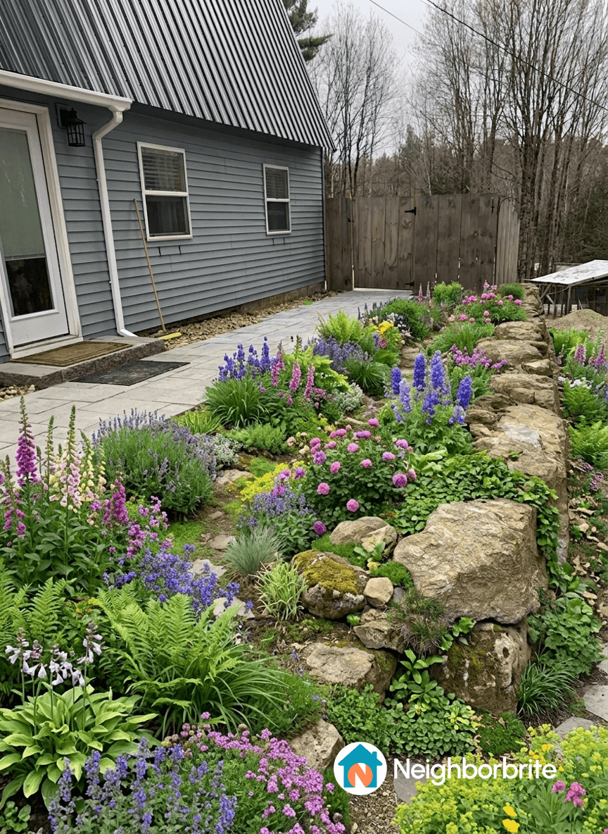 Colorful flower garden with stone edging and a patio.