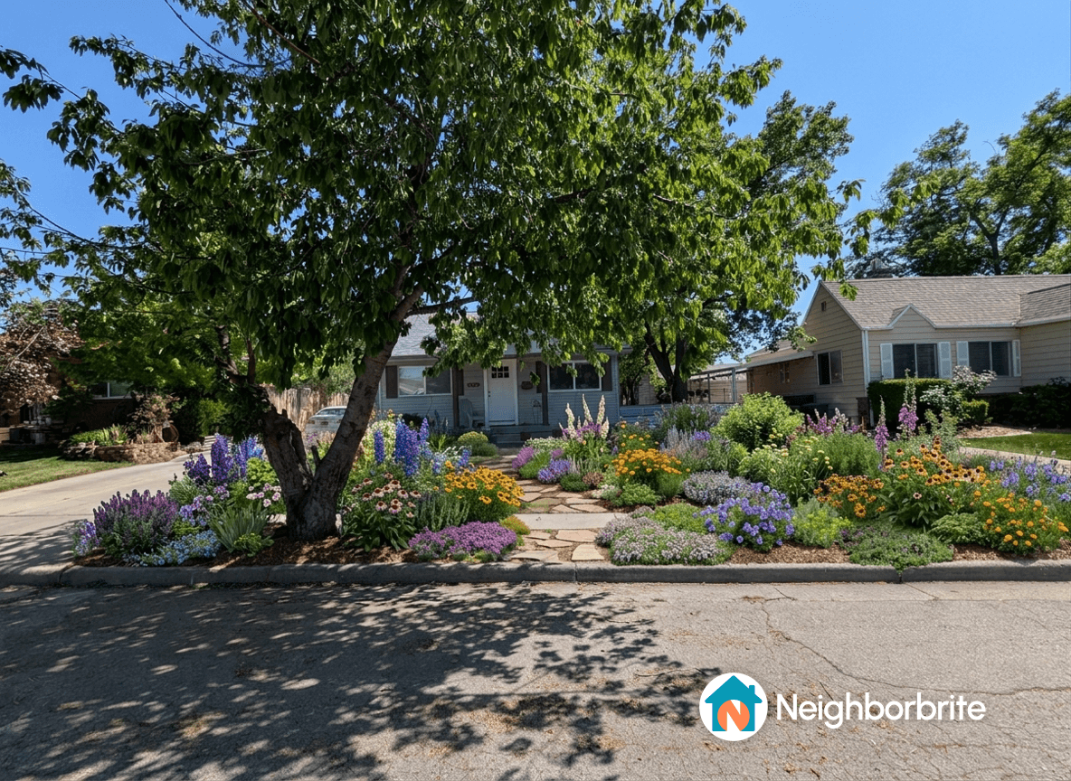 Colorful garden with various flowers and plants in a residential area.