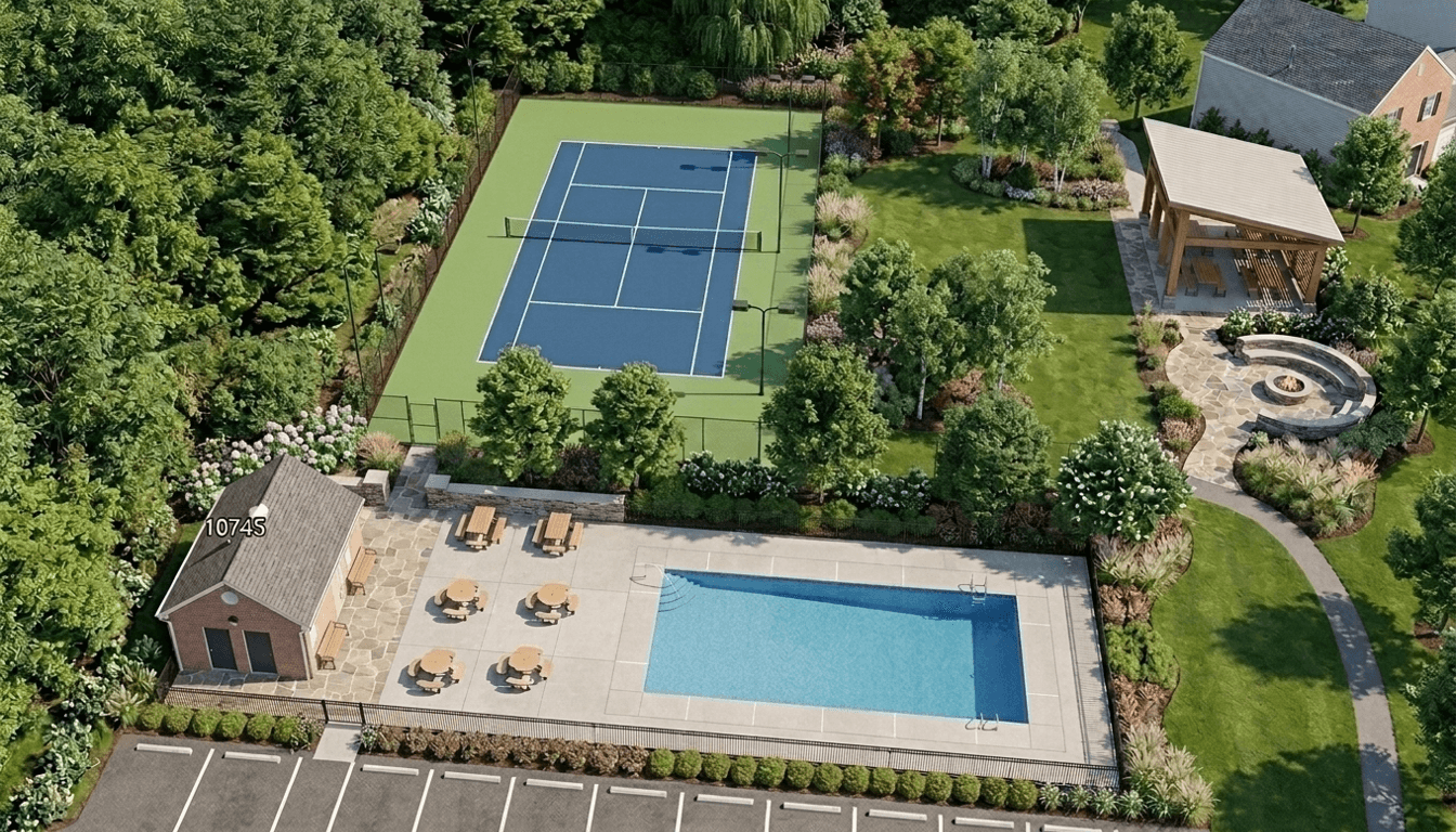 Aerial view of a yard with a tennis court, pavilion, and fire pit.