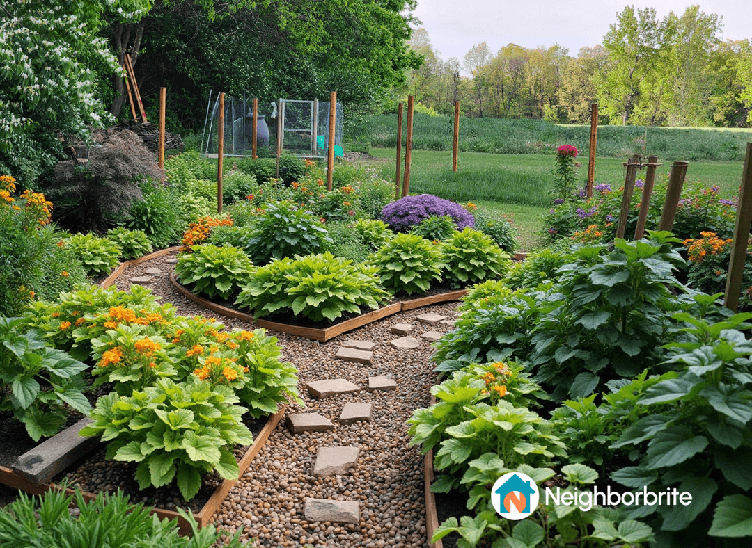 A vibrant garden with various plants and a winding path.