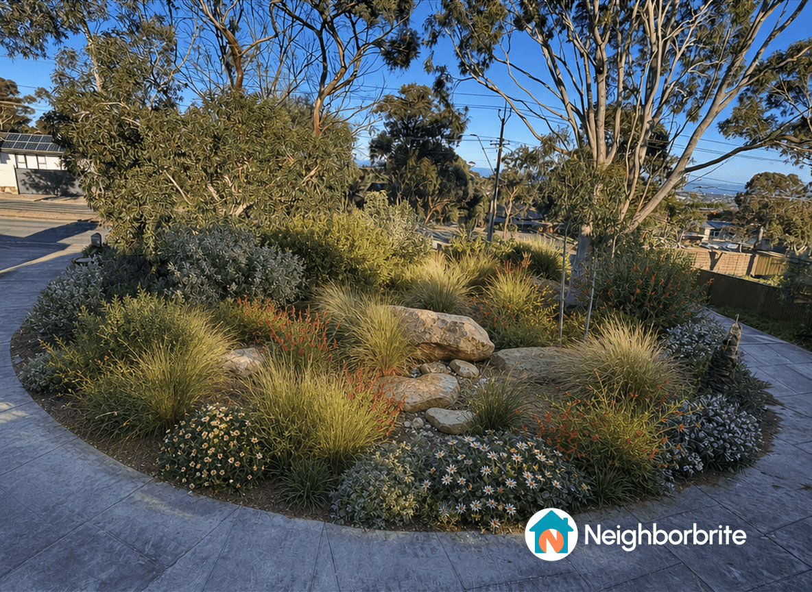 A landscaped garden with rocks and various plants, seeking path ideas.