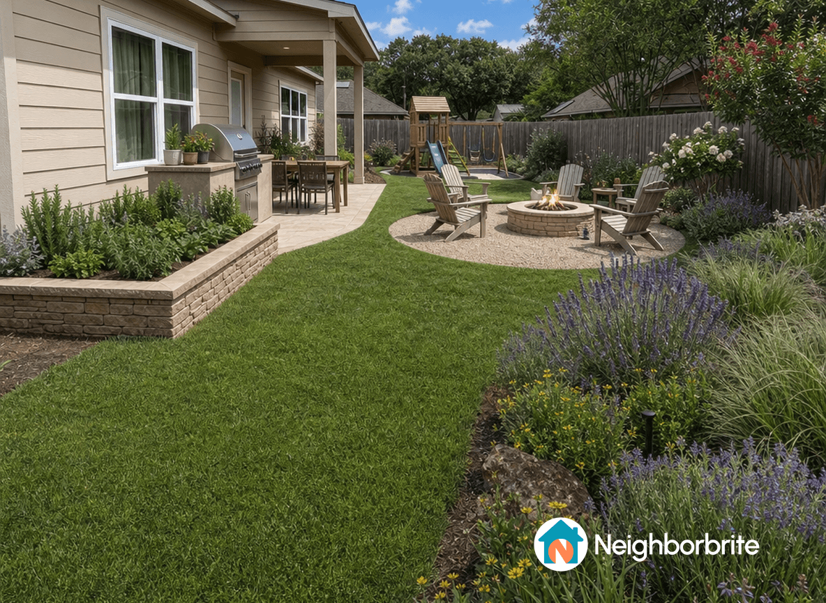 A backyard with a patio, fire pit, and lush landscaping.