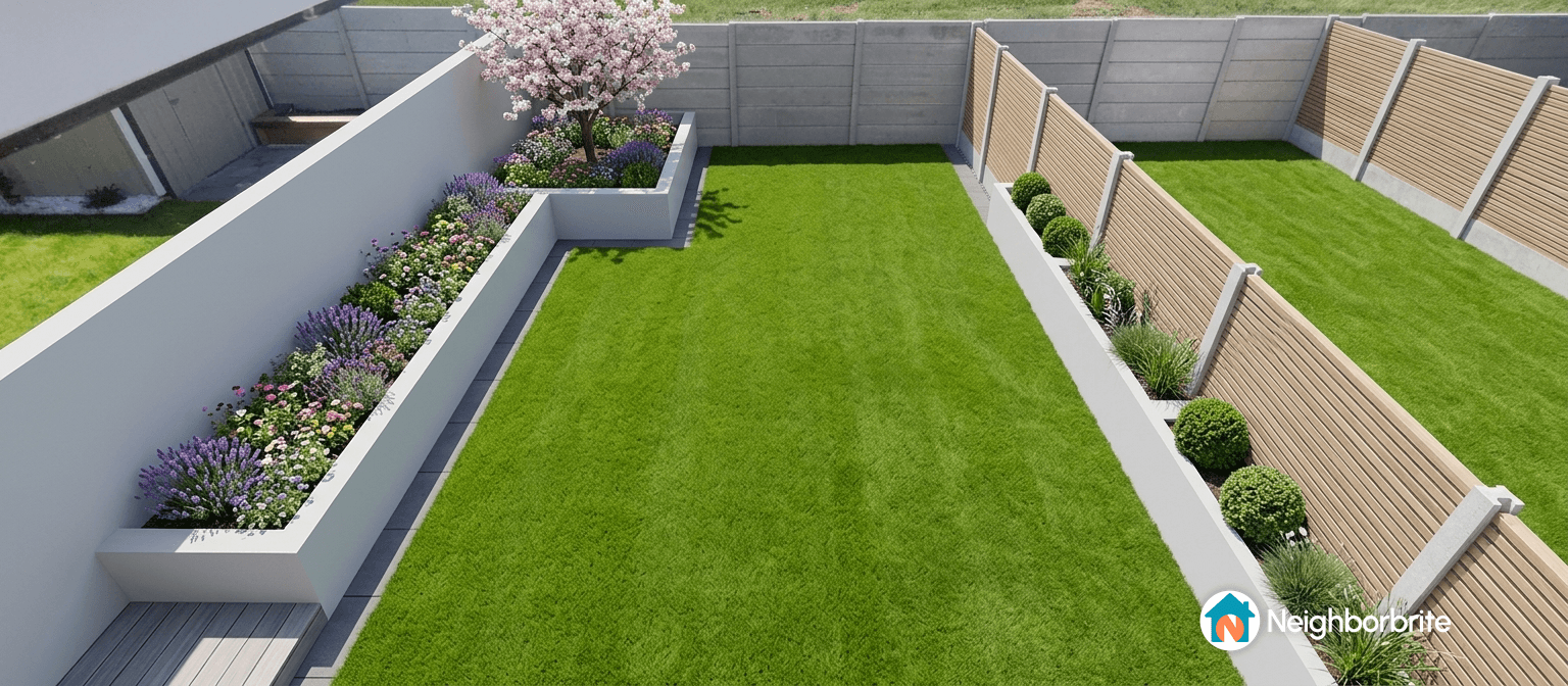 Aerial view of a landscaped yard with flower beds and grass.