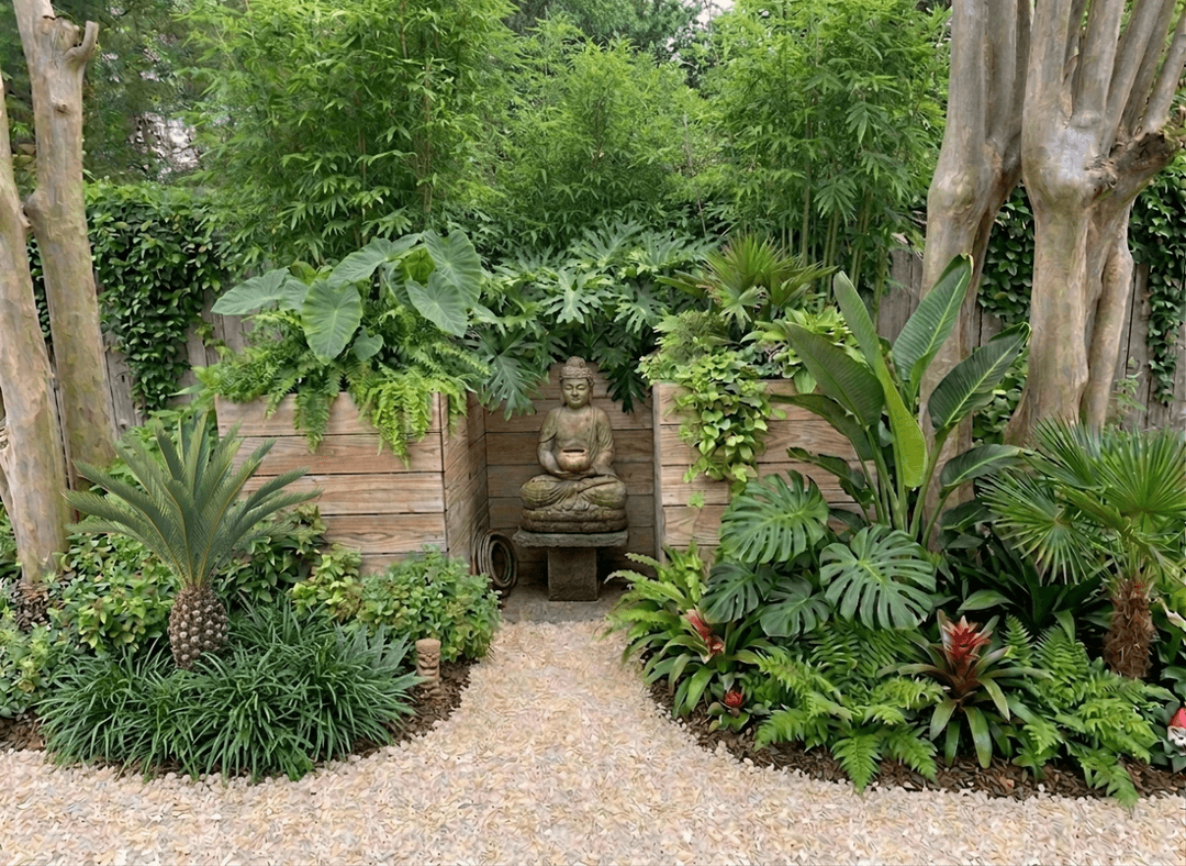Lush garden featuring a Buddha statue surrounded by various plants.