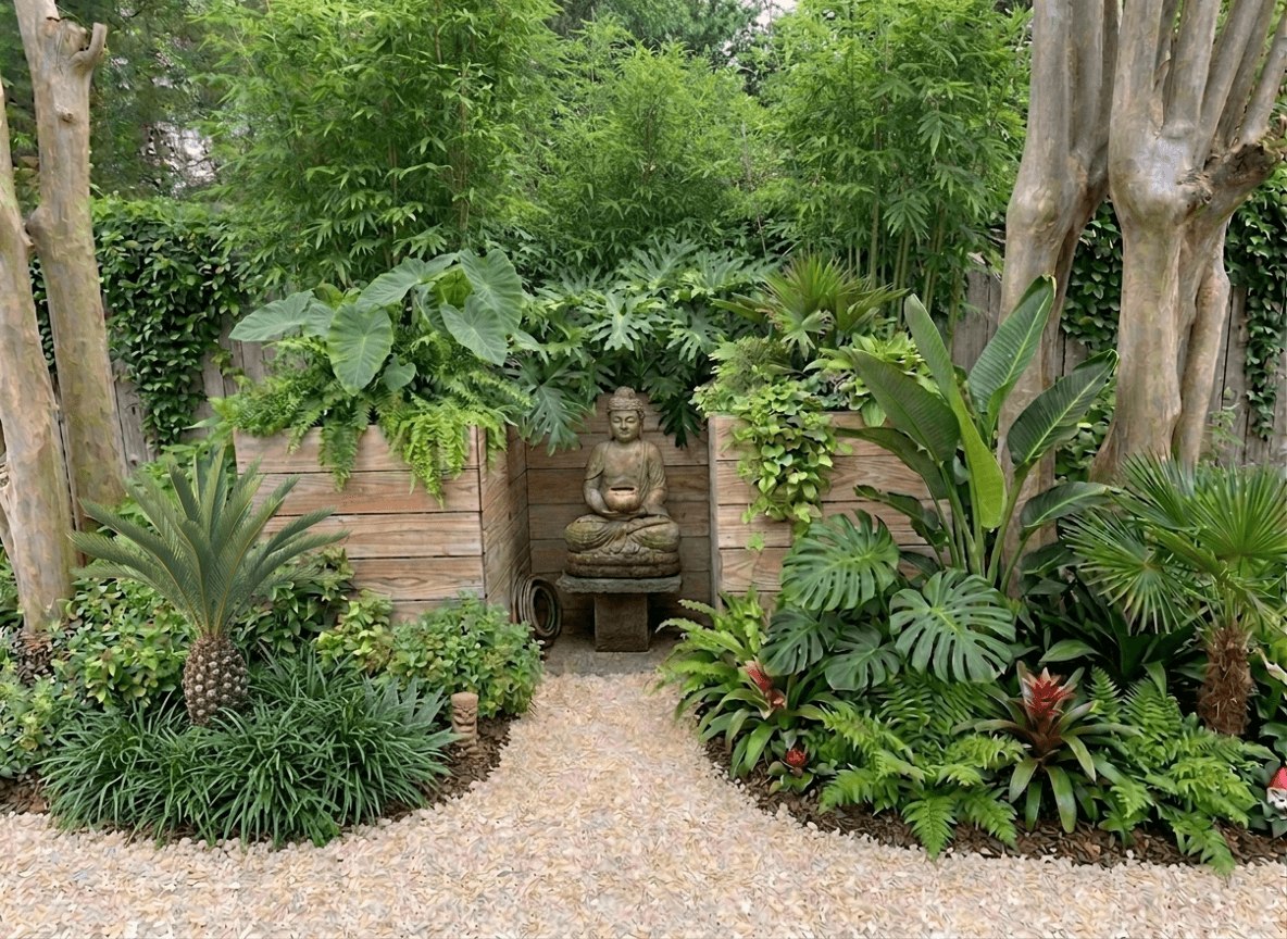 Lush garden featuring a Buddha statue surrounded by various plants.