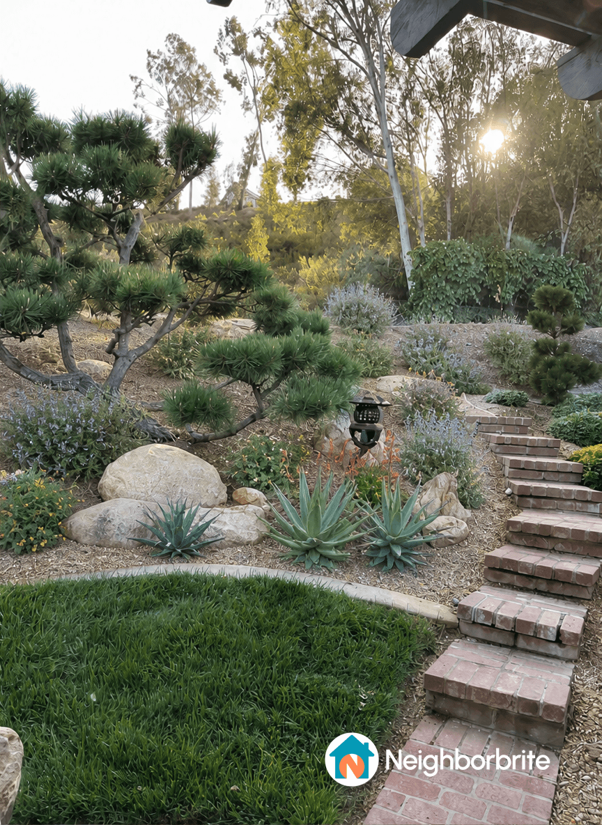 Beautiful landscaped yard with plants, rocks, and a pathway.