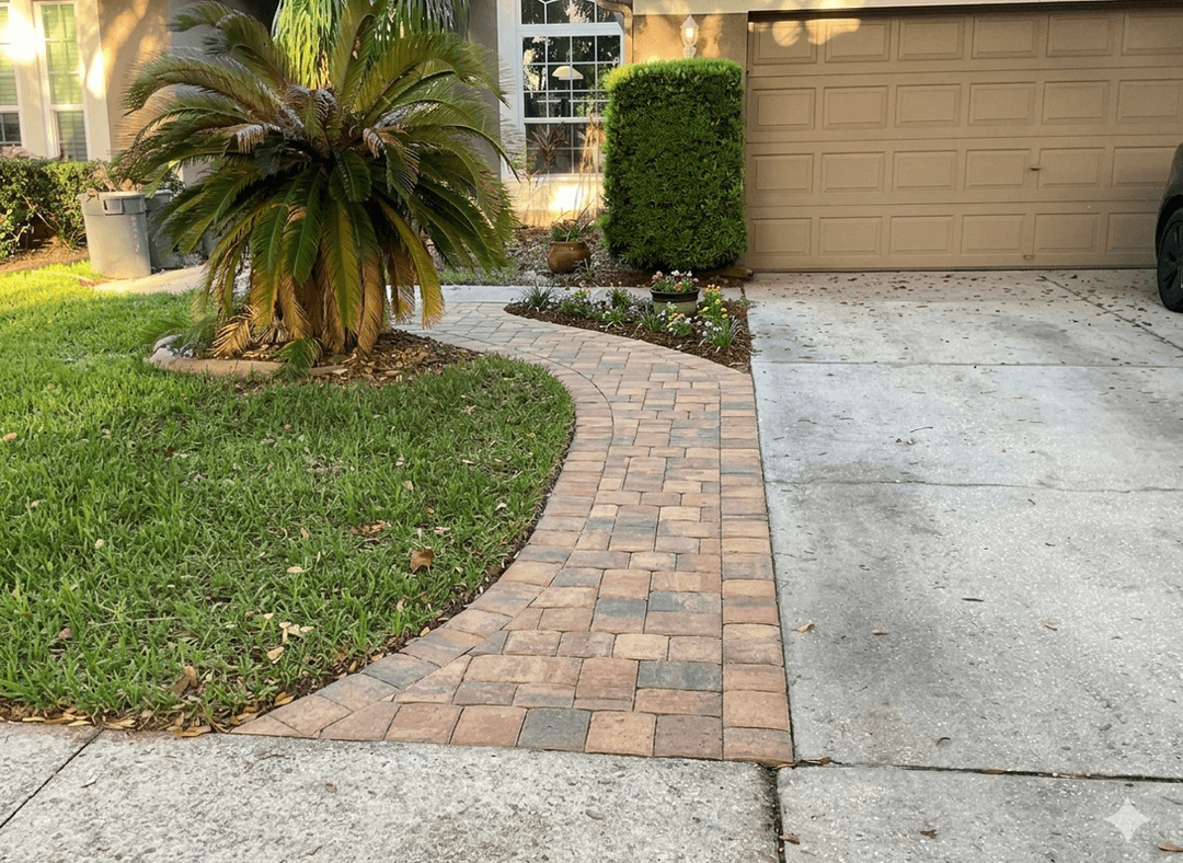 View of a small corner garden with a pathway and plants.